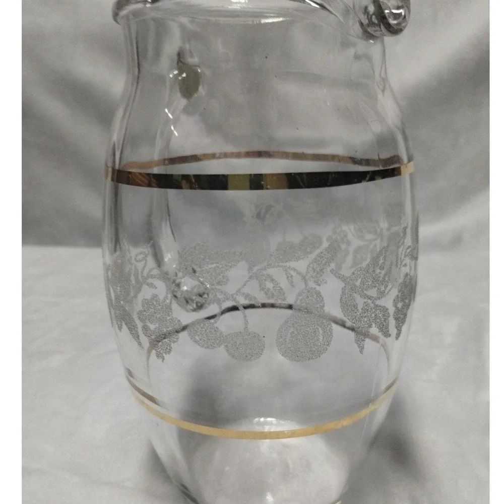 Mid Century Etched Glass Water Pitcher Gold Band Fruit Design‎